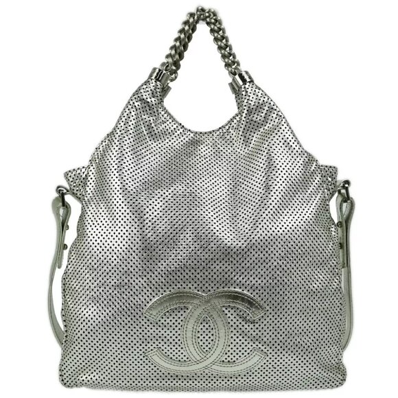 Chanel Silver Perforated Lambskin 2way Tote Bag - Picture 1 of 13